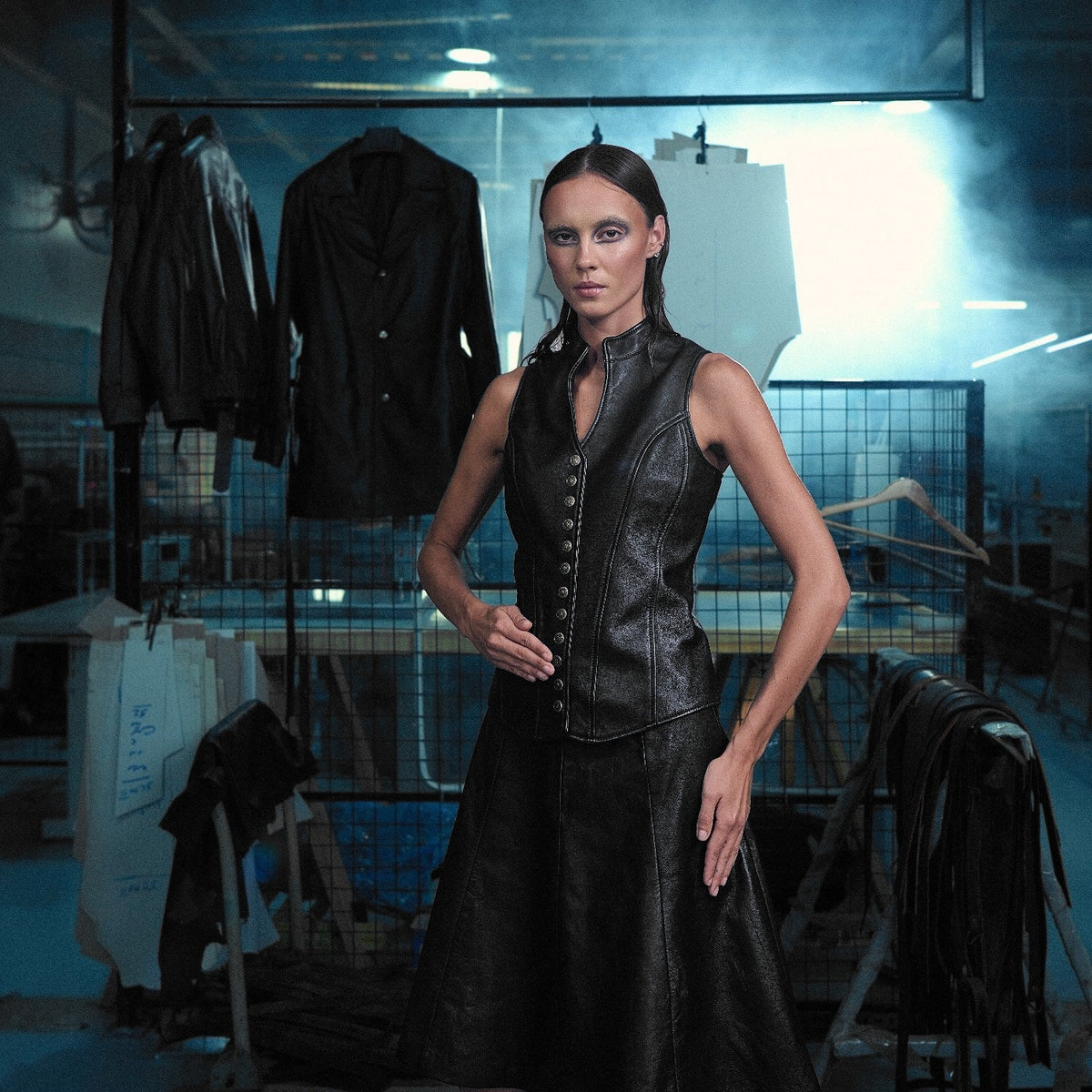 The Muse A-Line Skirt in black nappa leather – worn, Joe's Venture factory