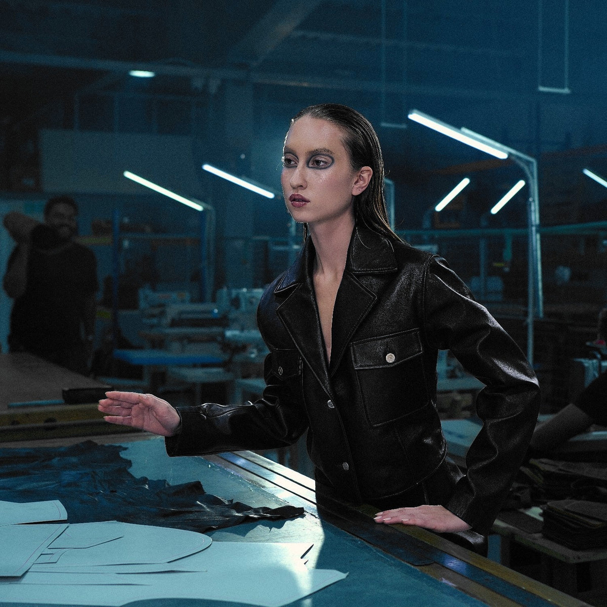 The Muse Cropped Jacket in black nappa leather – worn, Joe's Venture factory