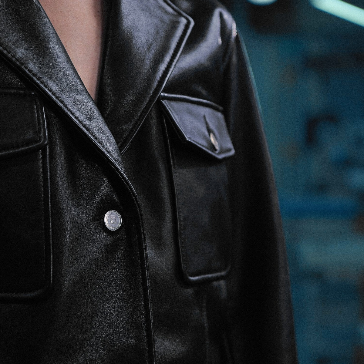 The Muse Cropped Jacket in black nappa leather – worn, Joe's Venture factory