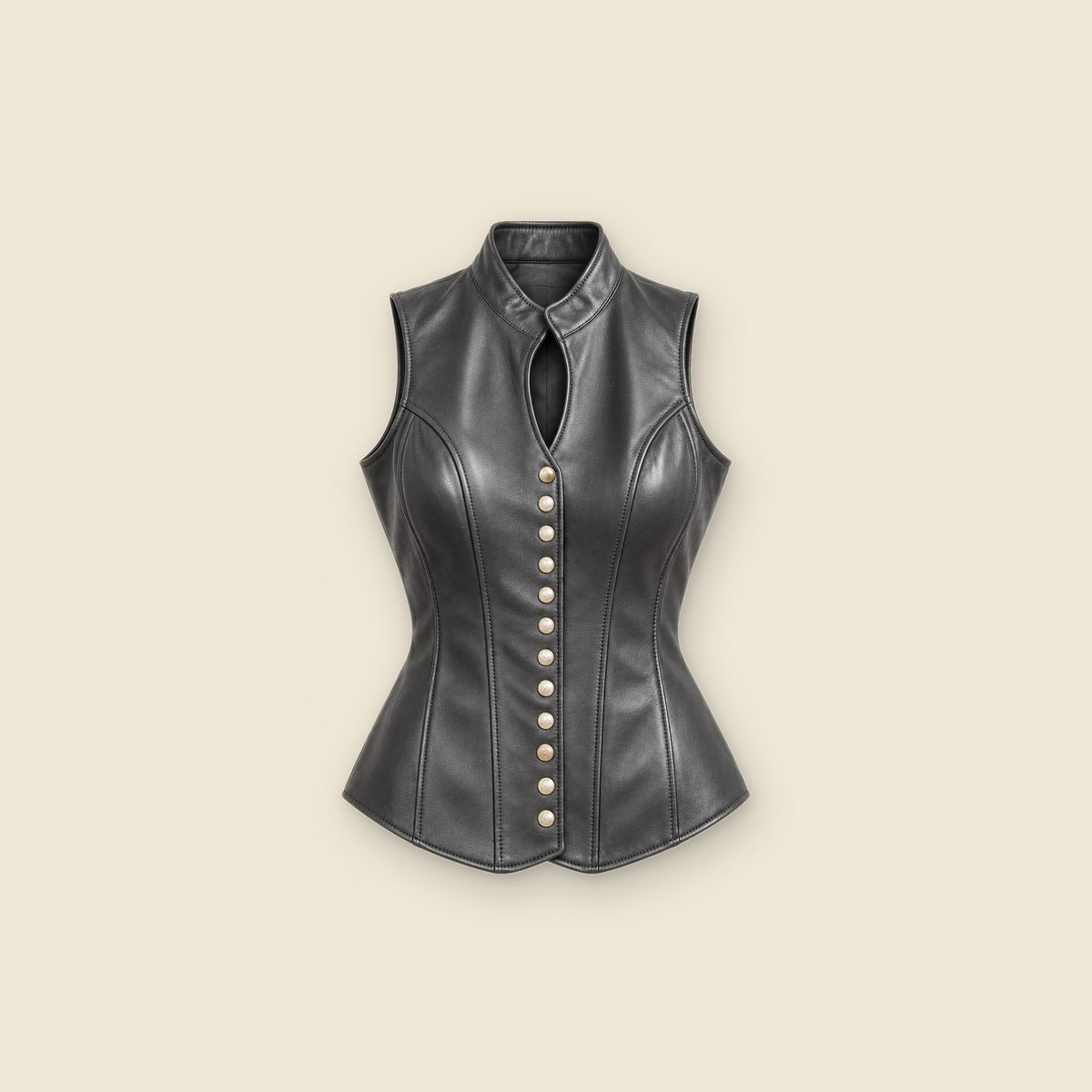 The Muse Fitted Buttoned Vest in black nappa leather – front