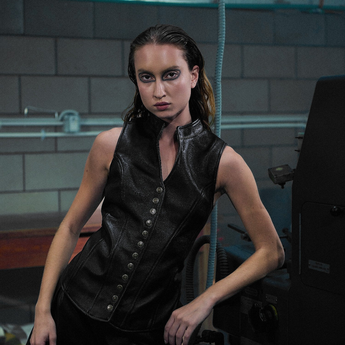 The Muse Fitted Buttoned Vest in black nappa leather – worn, Joe's Venture factory