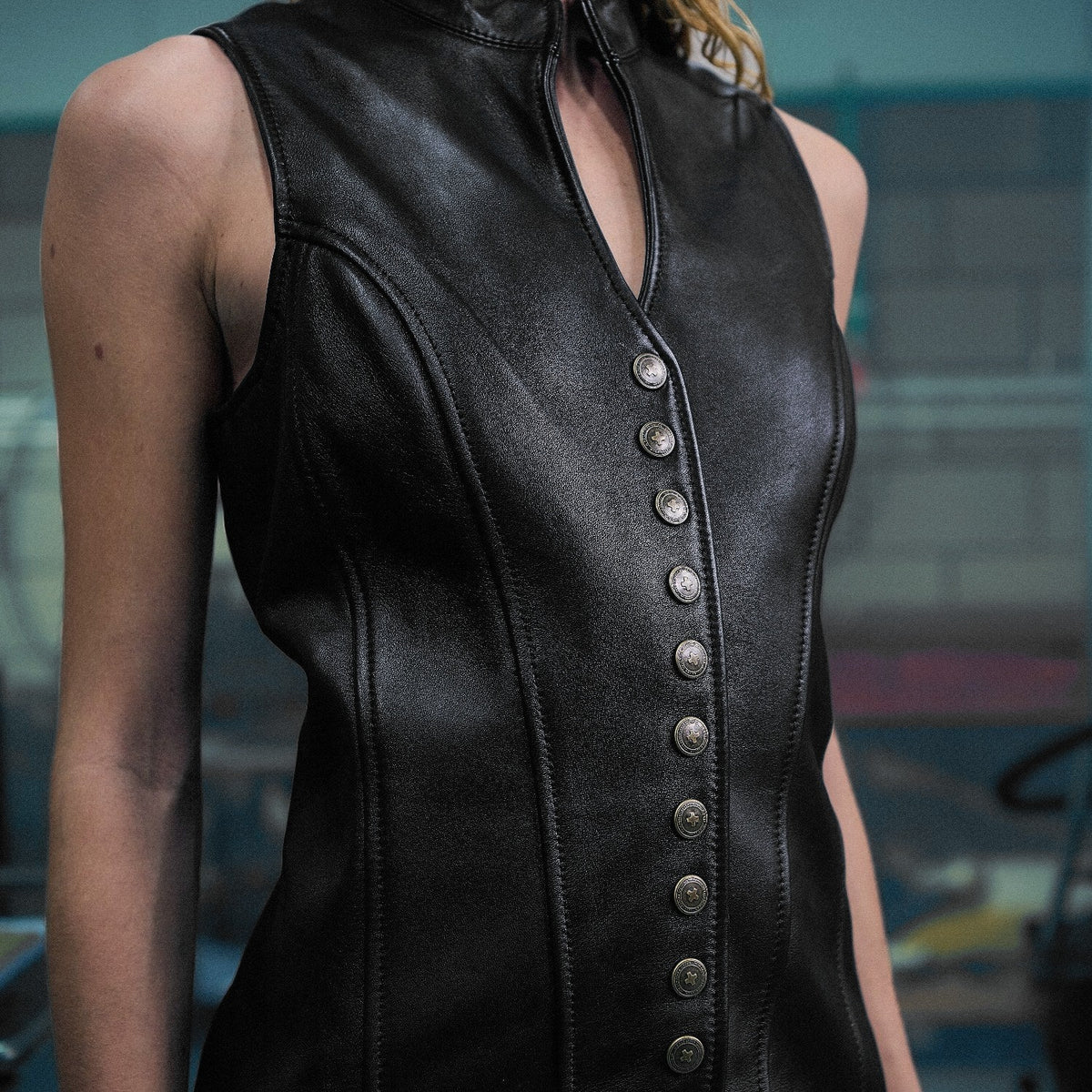 The Muse Fitted Buttoned Vest in black nappa leather – worn, Joe's Venture factory