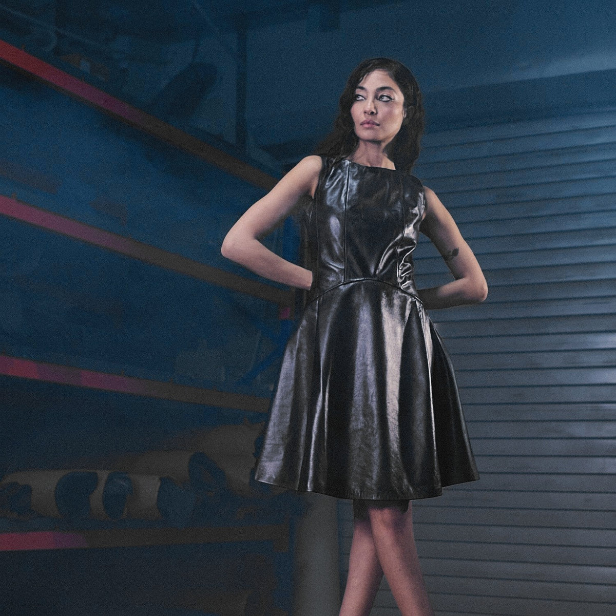 The Muse Sleeveless Flared Dress in black nappa leather – worn, Joe's Venture factory