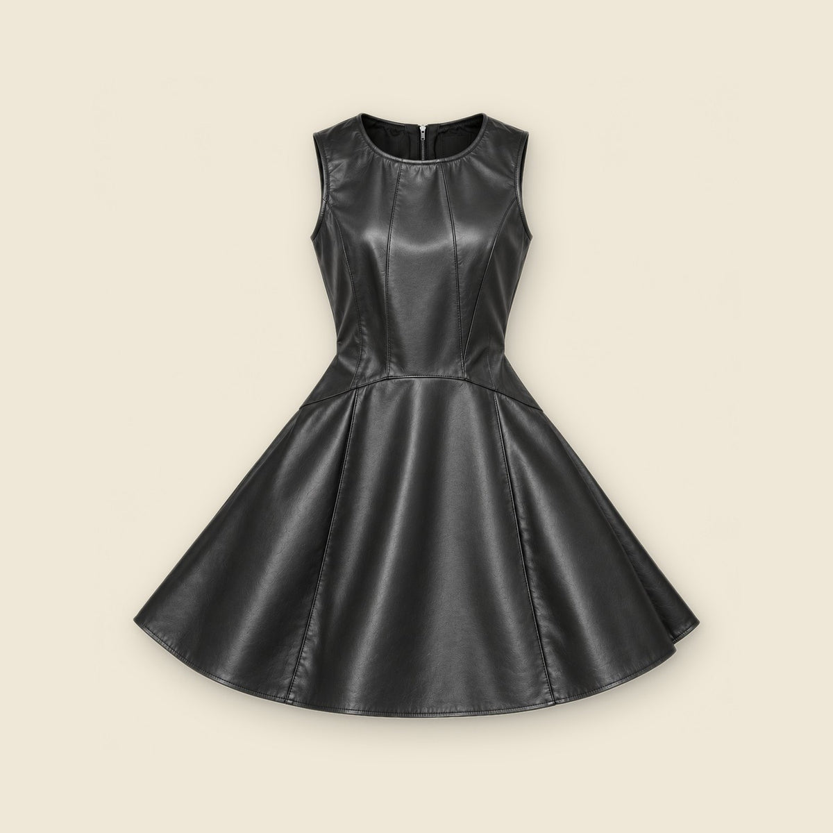 The Muse Sleeveless Flared Dress in black nappa leather – front
