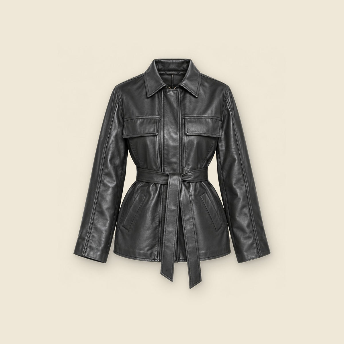 The Muse Utility Jacket in black nappa leather – front