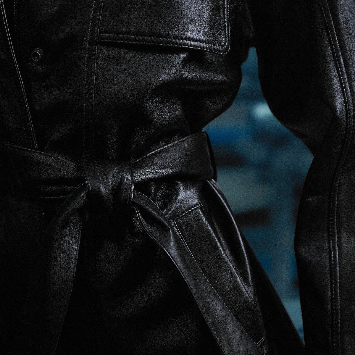 The Muse Utility Jacket in black nappa leather – worn, Joe's Venture factory