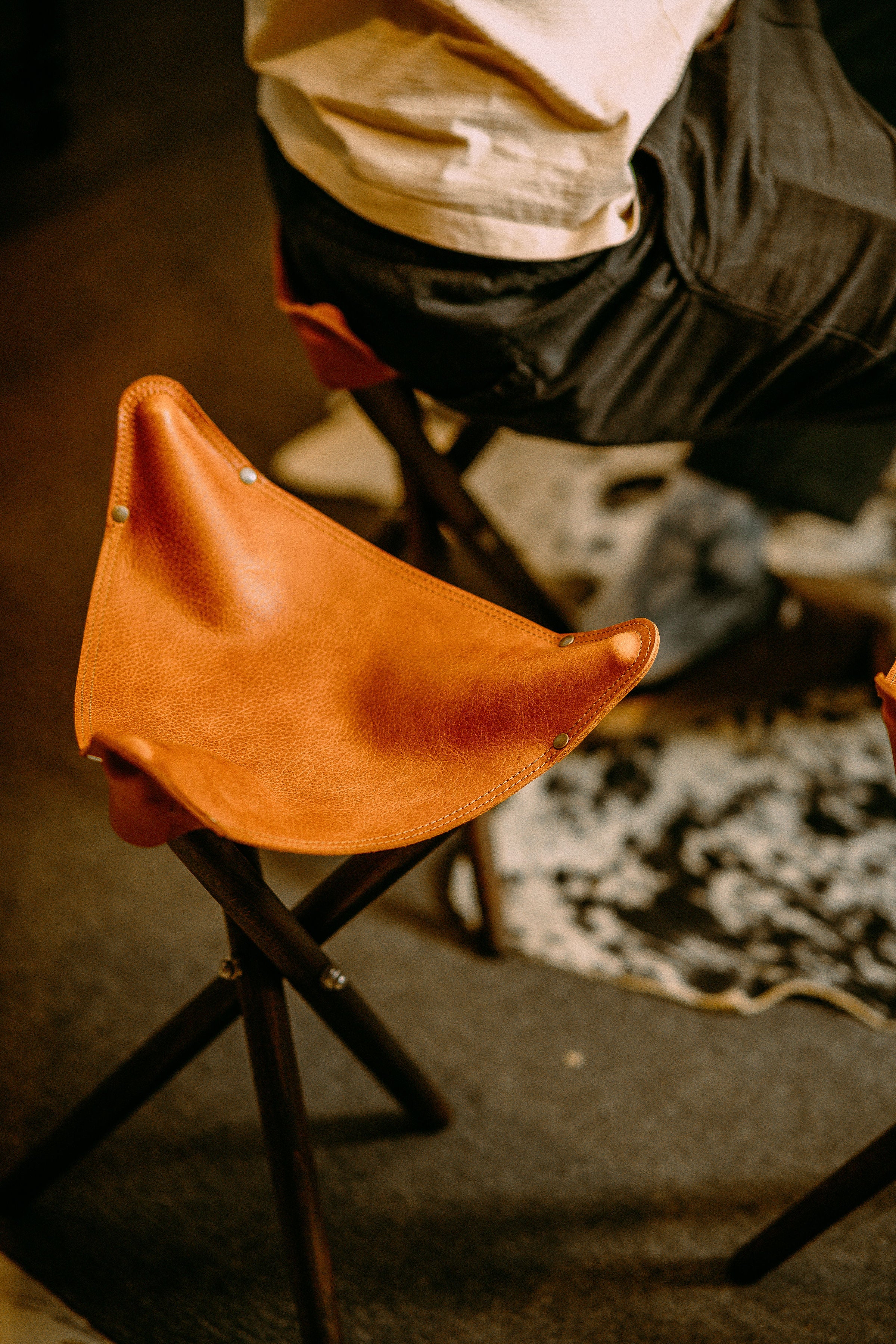 Handmade Leather and Wood Walk Stool for Adventure and Picnic