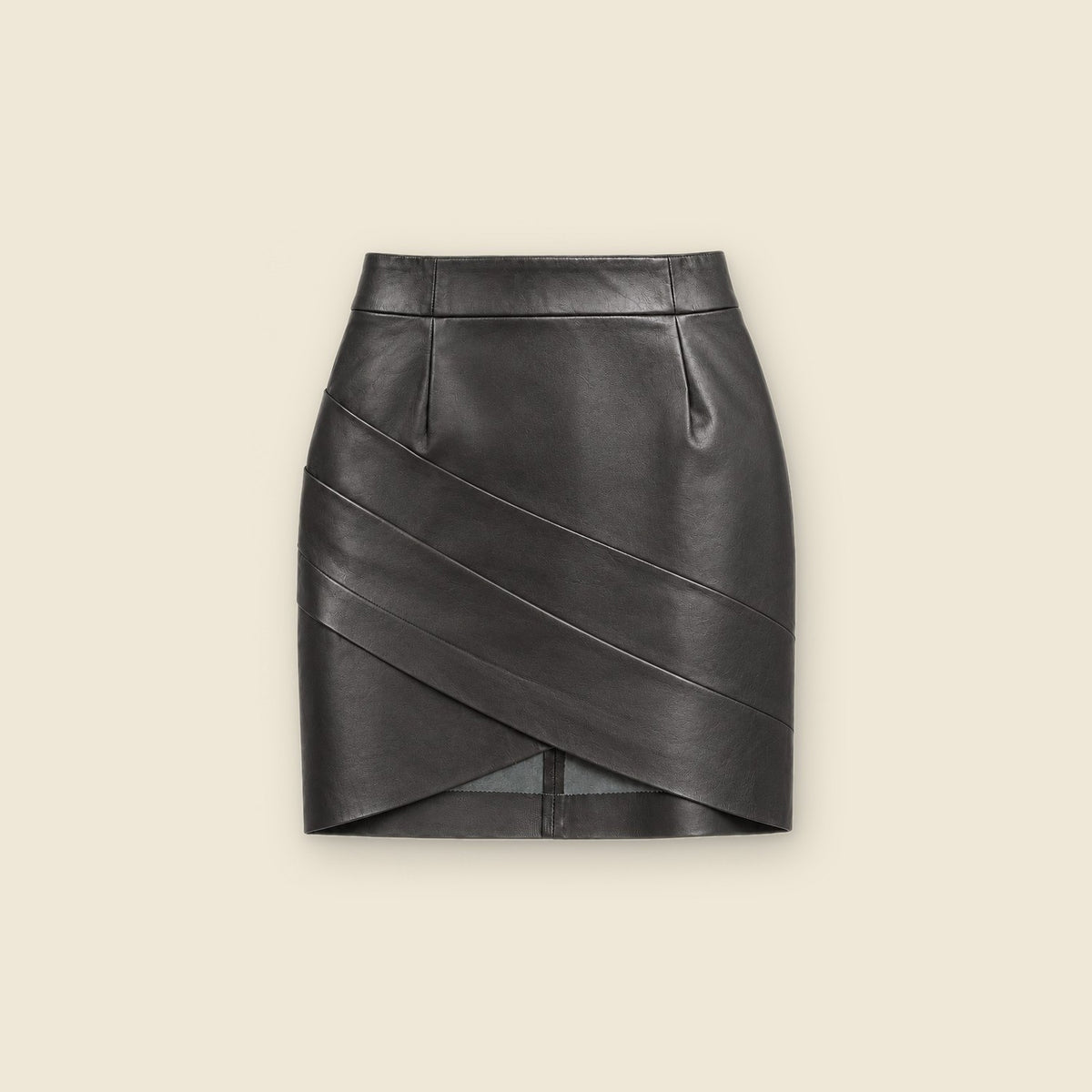 The Muse Asymmetric Mini Skirt in black nappa leather – front
