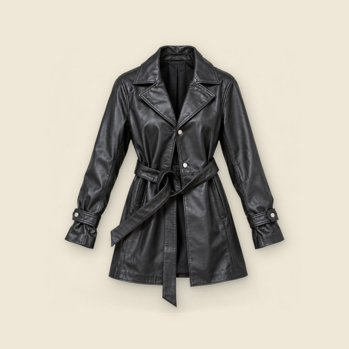 The Muse Belted Trench Coat in black nappa leather – front