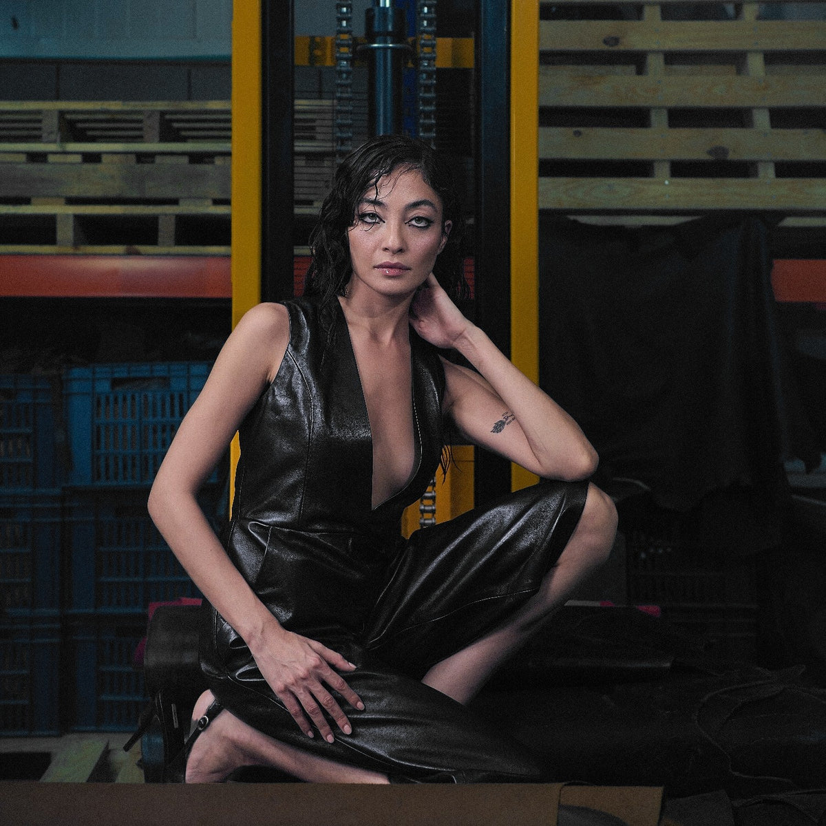 The Muse Culotte Jumpsuit in black nappa leather – worn, Joe's Venture factory