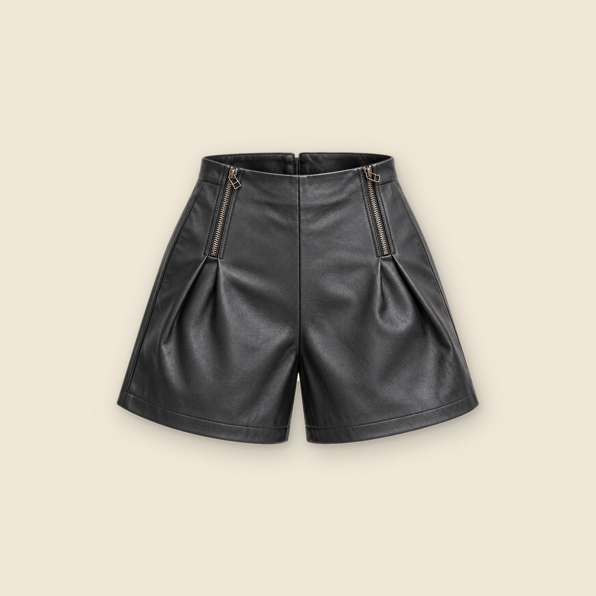 The Muse Ruched Zipper Shorts in black nappa leather – front