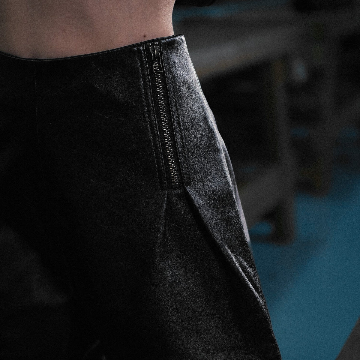 The Muse Ruched Zipper Shorts in black nappa leather – worn, Joe's Venture factory