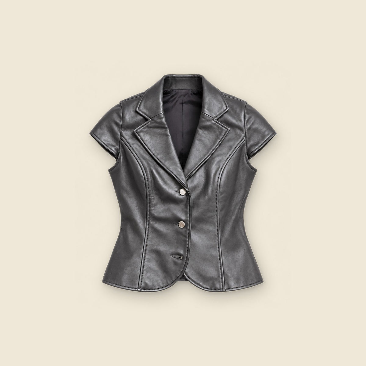 The Muse Short-sleeve Blazer in black nappa leather – front