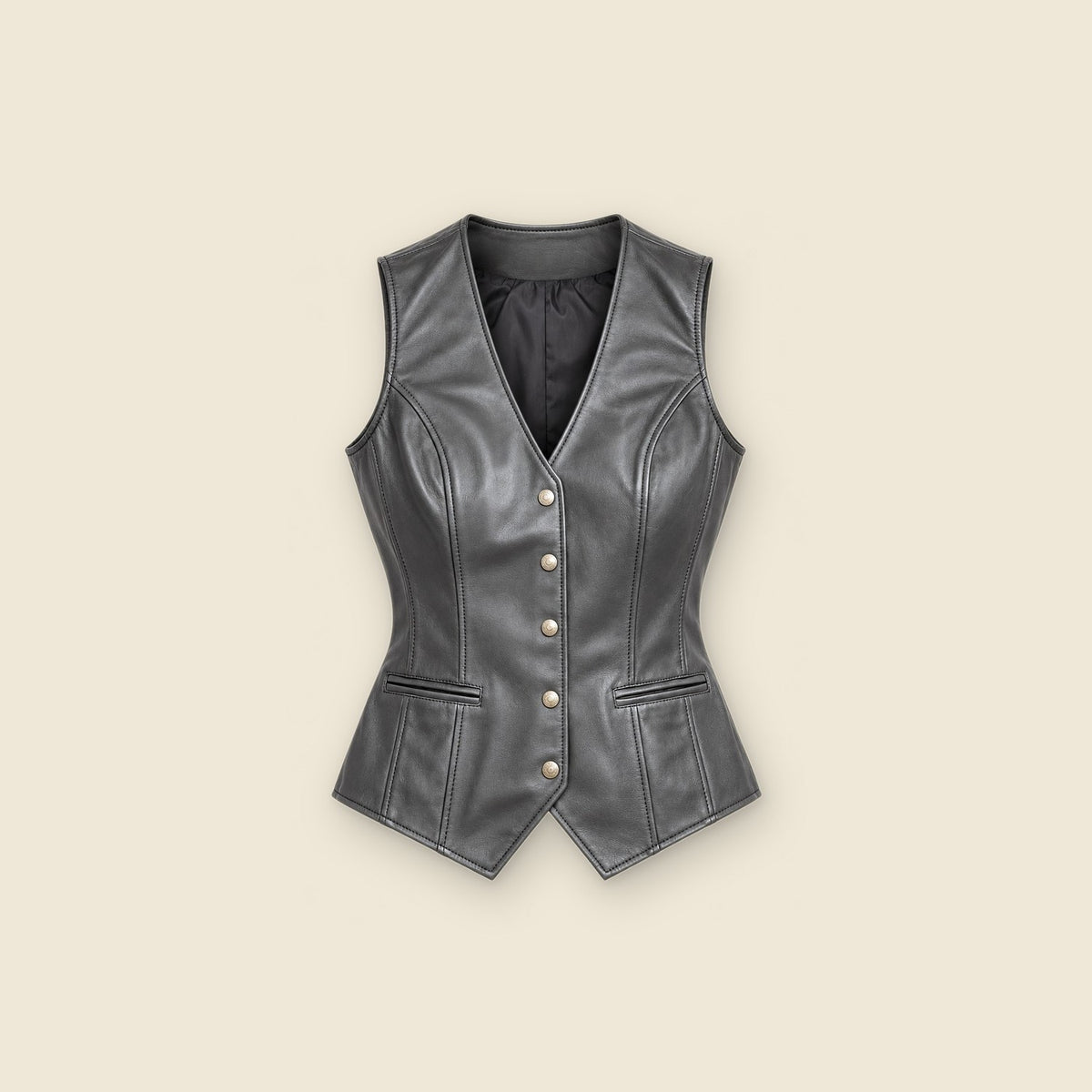 The Muse Tailored Leather Vest in black nappa leather – front