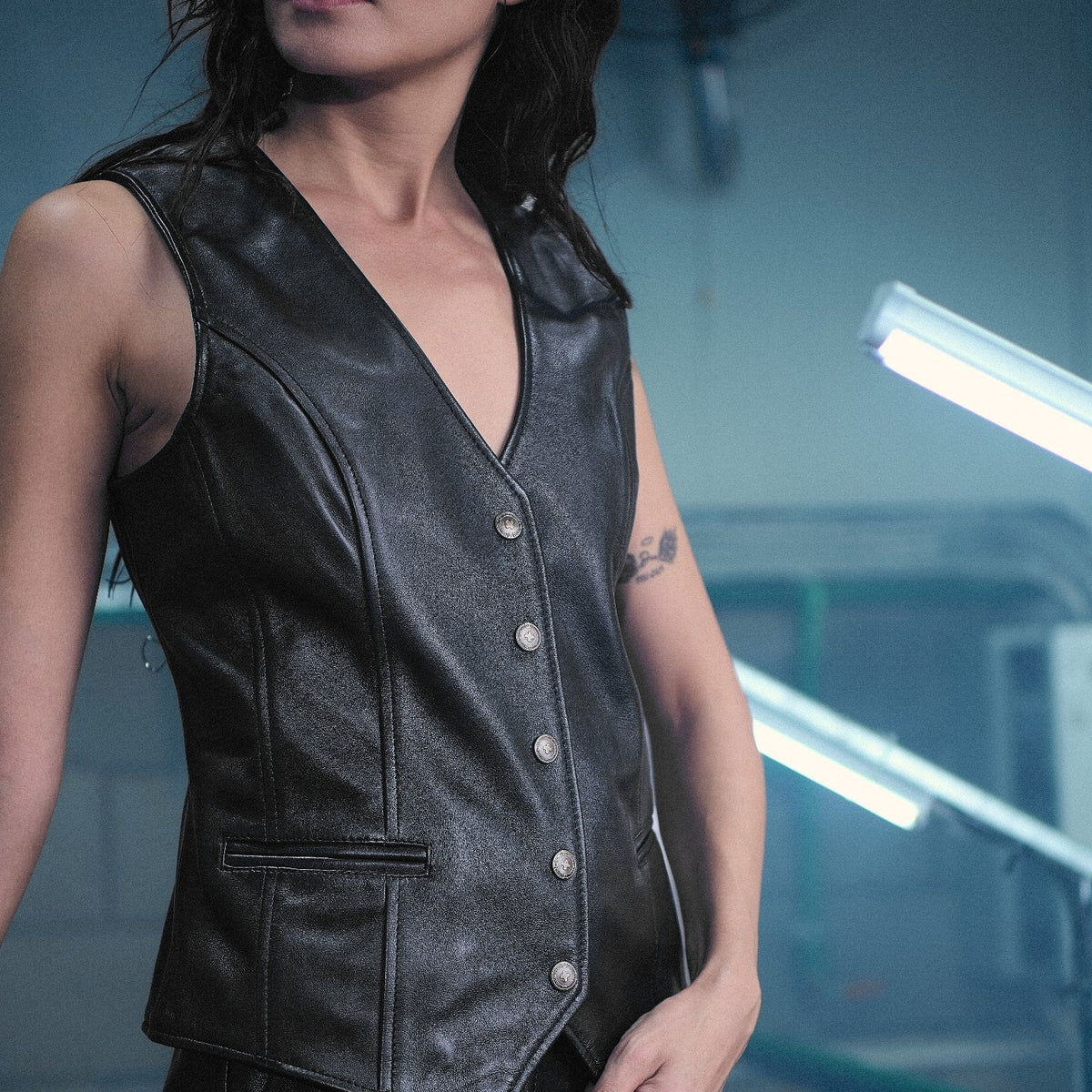 The Muse Tailored Leather Vest in black nappa leather – worn, Joe's Venture factory